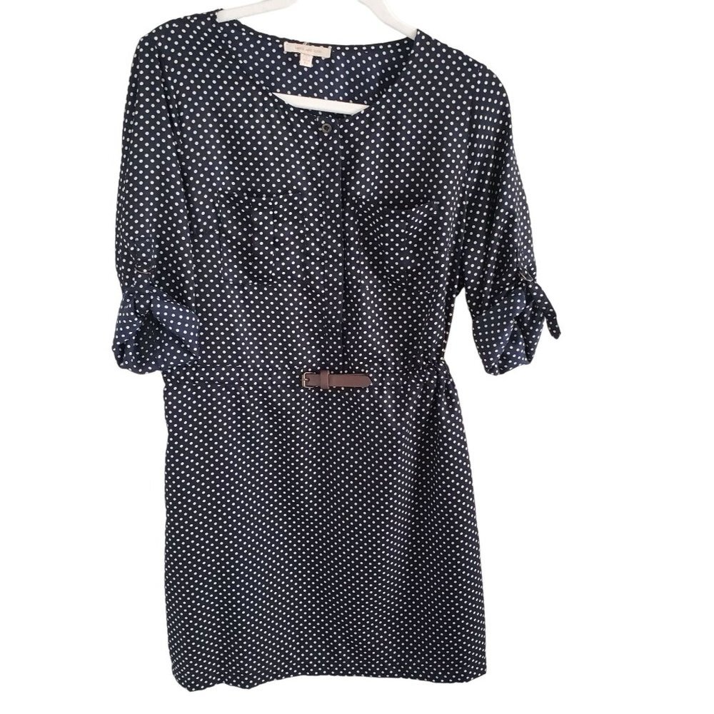 Skies are Blue woman size M  Navy with Polka dots Delaine Belted Shirt dress